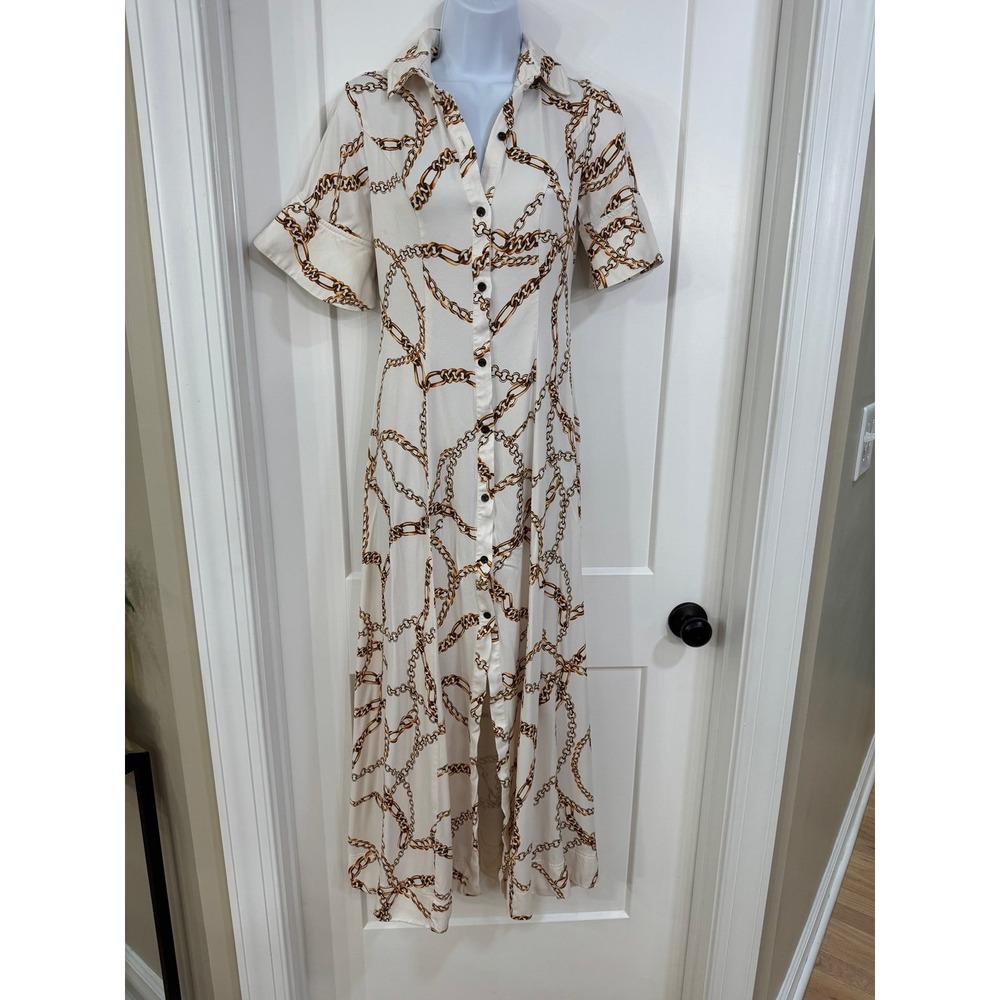 Anthropologie Maeve Short Sleeve  Gold Chain Print Dress Size xs stained‎